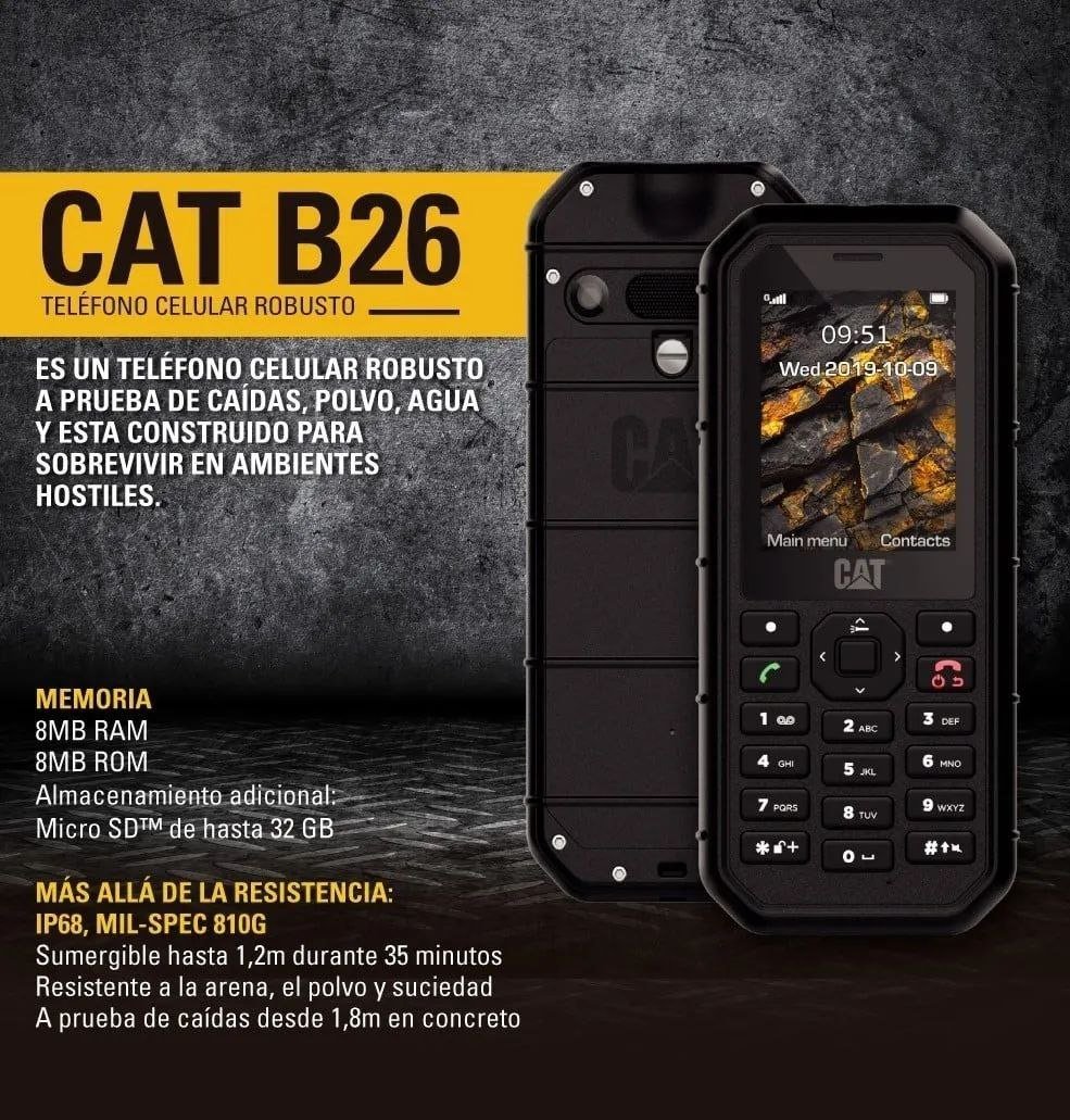 Celular CAT Caterpillar CAT B26 Waterproof Impermeable Resistente a Caídas,  Polvo, Agua Con Certificación IP68 y Militar MIL SPEC 810G – CAT